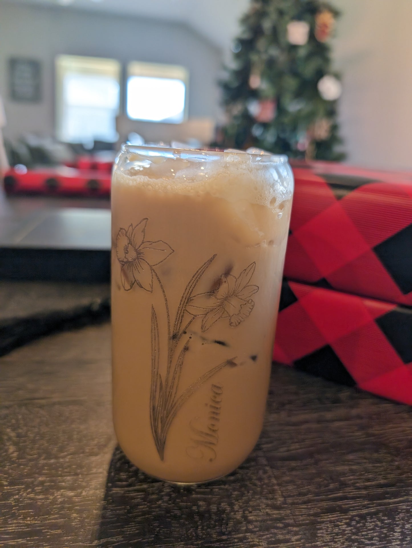 Iced Coffee Glass Cup With Laser-Engraved Birth Flower And Custom Name