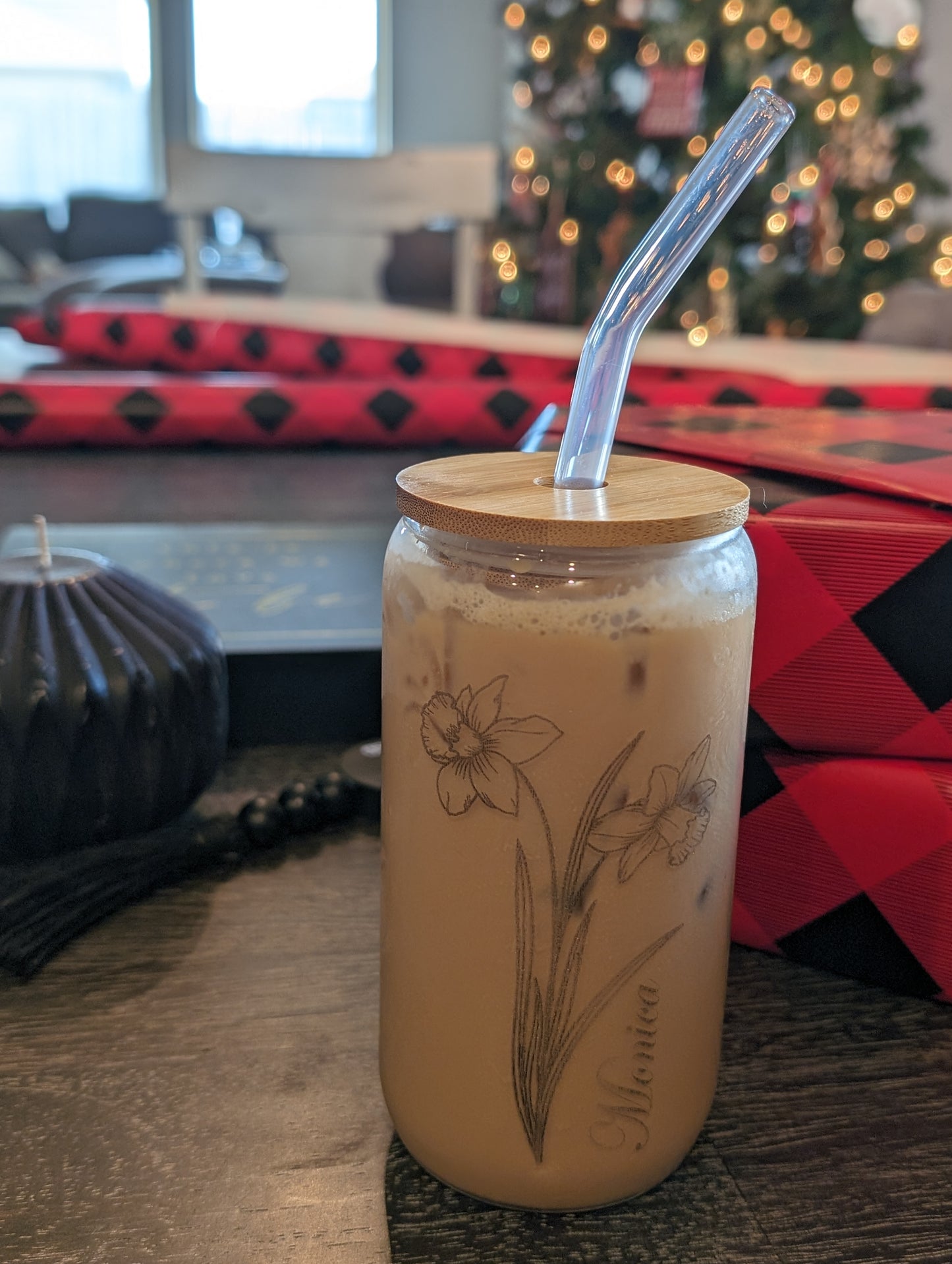 Iced Coffee Glass Cup With Laser-Engraved Birth Flower And Custom Name